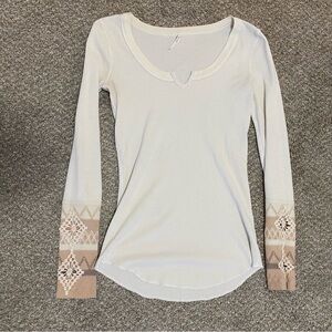 Waffle Knit V-Neck Western Detailed Sleeves Base Layer Womens Large Shirt EUC
